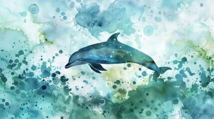 A dolphin is swimming in the ocean with splashes of paint around it