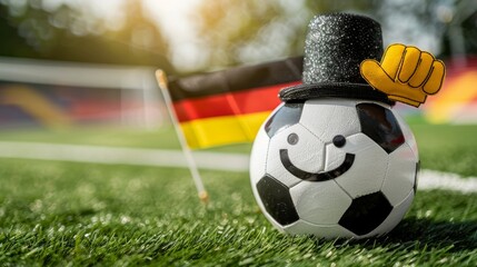 EM Europameisterschaft 2024 Sport Konzept Hintergrund - Fußball Fussbal mit Gesicht, Zylinder mit deutscher Flagge Fahne, Deutschlandflagge und Daumen nach oben, auf Spielfeld, Wiese, Rasen Stadion