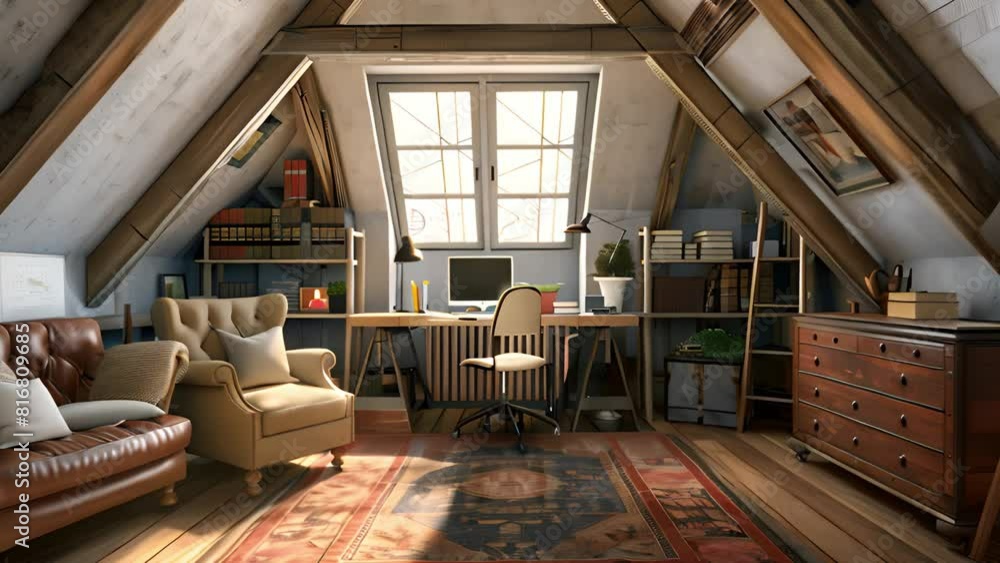 Poster a room in an attic space featuring a comfortable couch and functional desk.