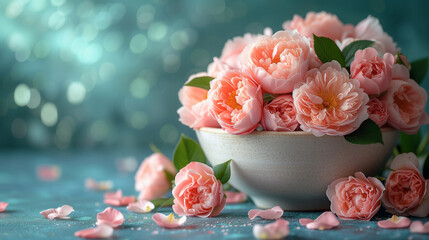 pink peony and white roses are on a white table at beauty spa, in the style of spectacular backdrops, minimalist backgrounds,