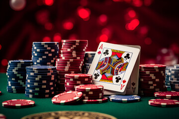 Captivating view of playing cards and casino chips, creating an exciting atmosphere. This photograph highlights the luxurious aesthetic and dynamic of a casino environment.