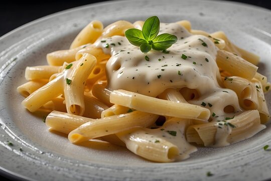 Pasta with white sauce and basil in a white plate.