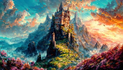 Painting of a magical castle on a mountain with a sky background