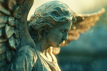 Detailed view of a serene angel statue, perfect for religious or memorial themes