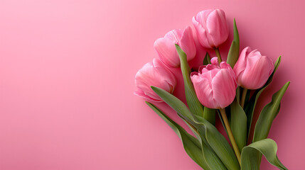 Valentine's Day, Happy Women's Day, Mother's Day. Flat lay, top view with Beautiful composition spring flowers bouquet of pink tulips flowers on pastel pink background
