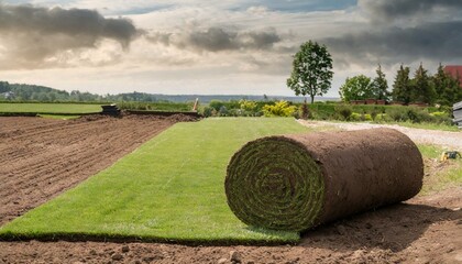 Rolled turf is laid on a home