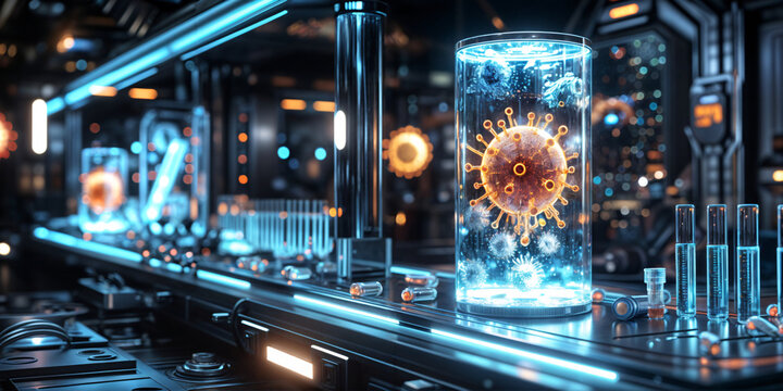 biotechnology security viruses, bacteria and test tubes are housed in a modern glass protective box in laboratory, medical background 
