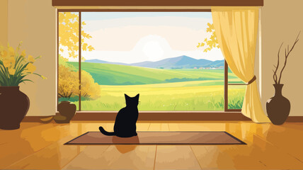 a cat sitting on a mat looking out a window