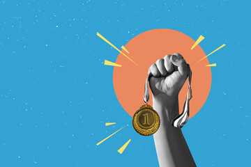 Flat design Illustration. Hand holds and raised gold medal trophy, holding medal against clean...