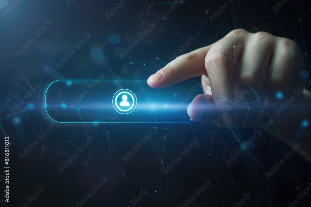 Poster a person interacting with a touch screen device. suitable for technology concepts