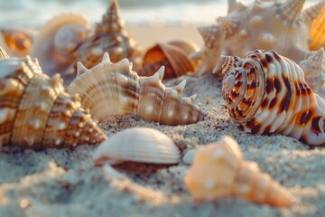 A bunch of seashells on a sandy beach, perfect for beach-themed designs - Powered by Adobe