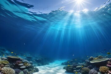 Fototapeta premium Sunbeams pierce the water, illuminating a vibrant coral reef, marine life. A serene underwater seascape, perfect for oceanography and natural aquatic themes. generative ai
