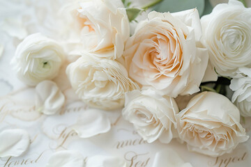 Wedding stationery exudes timeless charm against a backdrop of pure white.