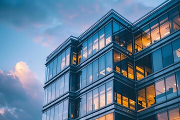 modern suburban office building glows at twilight architectural exterior stock photo