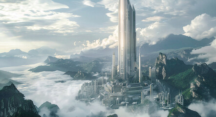 Fototapeta premium Futuristic Cityscape A Vision of Progress with Soaring Skyscrapers Amidst Majestic Mountains and Clouds Wallpaper Digital Art Poster Brainstorming Map Magazine Background Cover