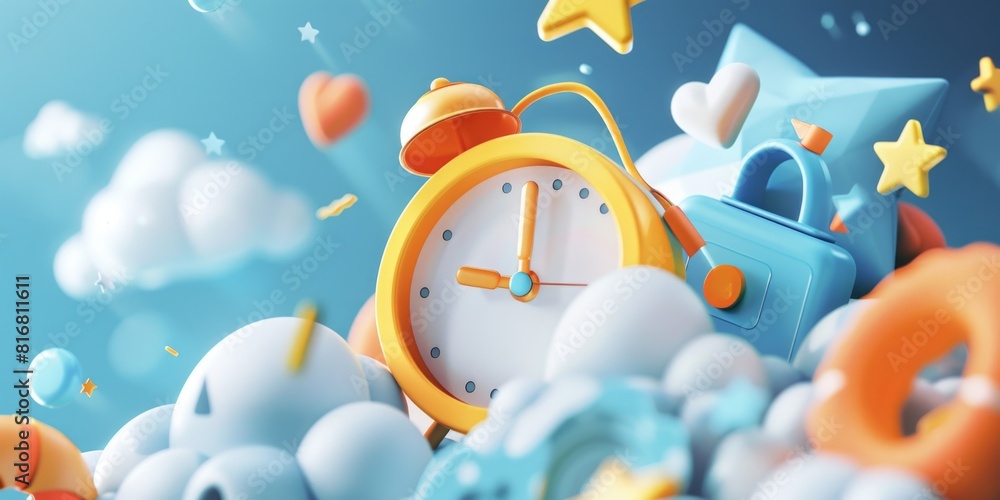 Poster an alarm clock surrounded by clouds and stars. perfect for illustrating concepts of time, dreams, an