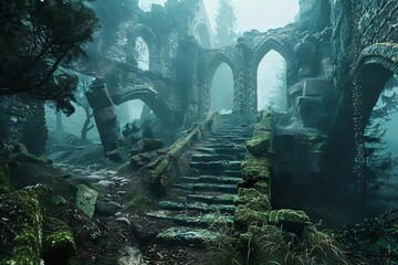 mysterious ancient ruins in enchanted forest atmospheric fantasy game environment