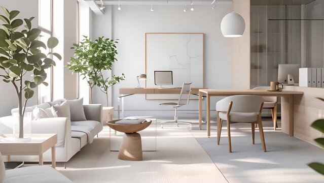 A well-lit room combining a home office setup with a cozy living area, featuring contemporary furniture and green plants.