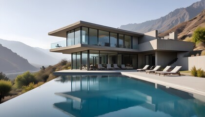 Fototapeta premium A modern, two-story glass and concrete house with a large swimming pool in the foreground, surrounded by a mountainous landscape