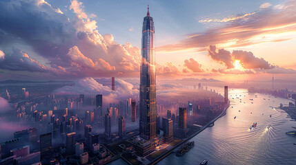 Naklejka premium Futuristic Cityscape A Vision of Progress with Soaring Skyscrapers Amidst Majestic Mountains and Clouds Wallpaper Digital Art Poster Brainstorming Map Magazine Background Cover