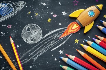 Naklejka premium Educational image of a rocket ship drawing on a chalkboard, perfect for school projects