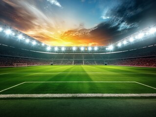 A vibrant football stadium illuminated under a stunning sunset sky, with lush green grass and a packed audience, capturing the excitement and anticipation of a major sporting event