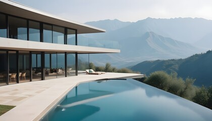 Fototapeta premium A modern, two-story glass and concrete house with a large swimming pool in the foreground, surrounded by a mountainous landscape