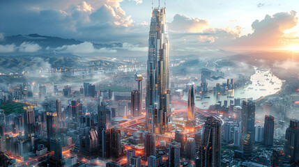Naklejka premium Futuristic Cityscape A Vision of Progress with Soaring Skyscrapers Amidst Majestic Mountains and Clouds Wallpaper Digital Art Poster Brainstorming Map Magazine Background Cover