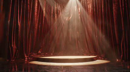 Radiant light illuminates the grandeur of the podium against plush velvet curtain.