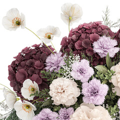  Bouquet of hydrangea lilac poppy peony in a vase isolated on white background