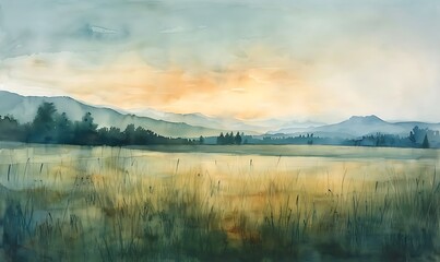 Fototapeta premium Serene Landscape with Mountains and Fields