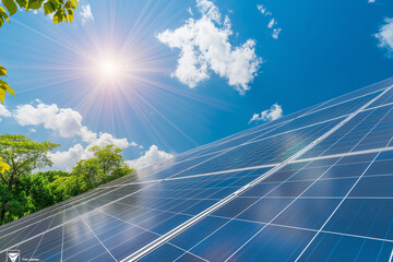 solar panels on the roof under bright sunlight with clean and sharp sky and clouds with trees in the background, summer view, Harnessing Solar Power: Photovoltaic Panels on Home Roof