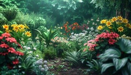 Garden, Showcase a variety of flowers, plants, and greenery in a harmonious arrangement