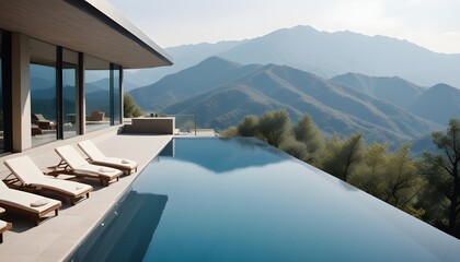 Fototapeta premium A modern, two-story glass and concrete house with a large swimming pool in the foreground, surrounded by a mountainous landscape