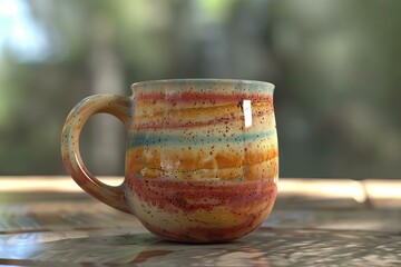 Artistic ceramic mug with a colorful glazed finish, basking in soft morning light