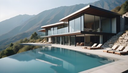 Fototapeta premium A modern, two-story glass and concrete house with a large swimming pool in the foreground, surrounded by a mountainous landscape