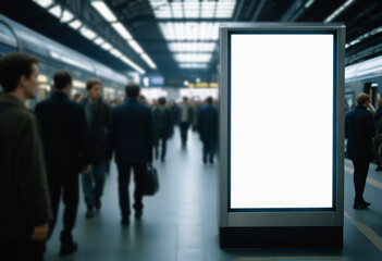 Advertising billboard mock up on railway station, blank advertising poster, public information board at railway station