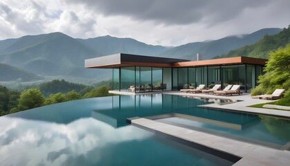 Fototapeta premium A modern, two-story glass and concrete house with a large swimming pool in the foreground, surrounded by a mountainous landscape