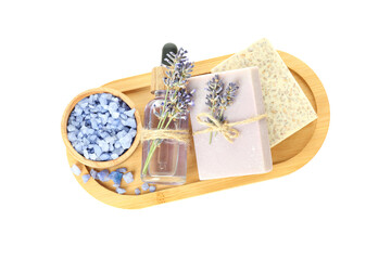 PNG, Serum bottle, lavender, soap and sea salt in wooden bowl, isolated on white background, top view
