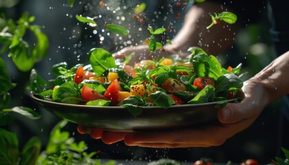 Person enjoying a healthy salad filled with fresh vegetables and lean protein. Health, nutrition, clean eating