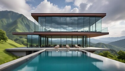 Fototapeta premium A modern, two-story glass and concrete house with a large swimming pool in the foreground, surrounded by a mountainous landscape