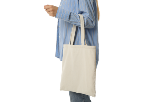 PNG, Cotton shopping bag on female hand, isolated on white background