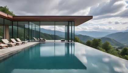 A modern, two-story glass and concrete house with a large swimming pool in the foreground, surrounded by a mountainous landscape