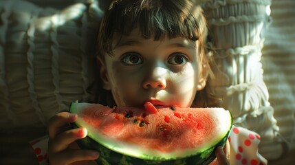 A Little girl happily eats a big juicy red watermelon