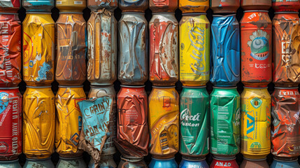 A colorful array of crushed soda cans, neatly arranged in rows, showcases a blend of artistry and recycling against an urban backdrop, highlighting eco-awareness and creativity. Generative AI