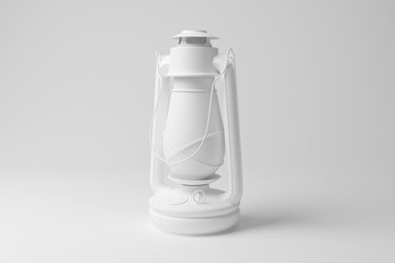 White lantern on white background in monochrome and minimalism. Illustration of the concept of camping, direction and illumination