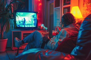 Fototapeta premium A man relaxing on a couch while watching television. Suitable for lifestyle and entertainment concepts