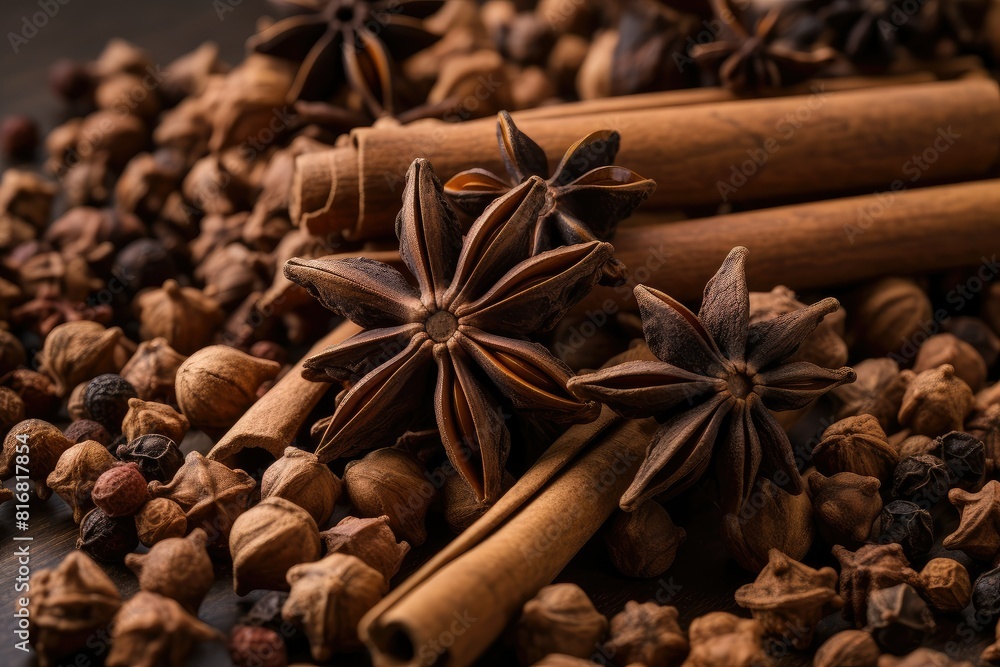 Poster a stack of aromatic cinnamons and star anise arranged neatly on a tabletop. generative ai