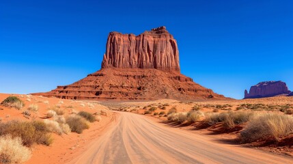 Naklejka premium Scenic view of a large red sandstone butte in the desert with a clear blue sky.