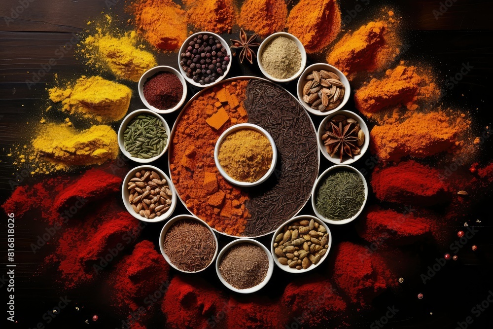 Poster various bowls filled with a diverse range of spices, creating a colorful and aromatic display. gener